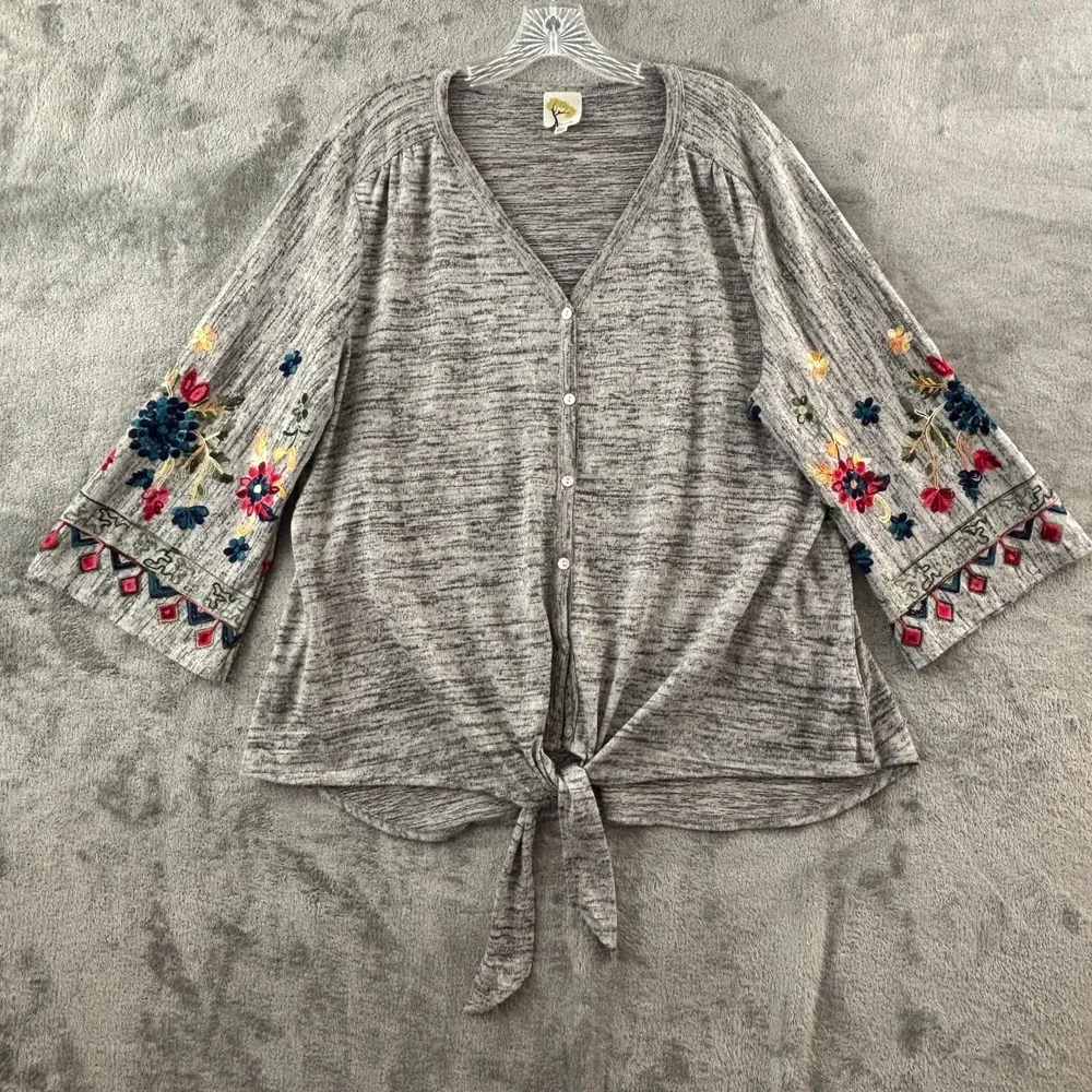 Anthropologie Fig‎ and Flower Embroidered Tie Front Cardigan Womens 3X Gray Boho
